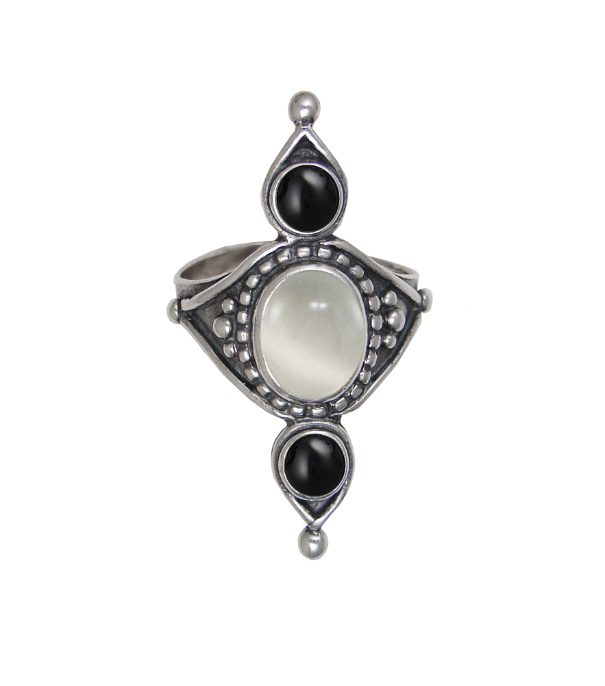 Sterling Silver Royal Ring With White Moonstone And Black Onyx Size 10